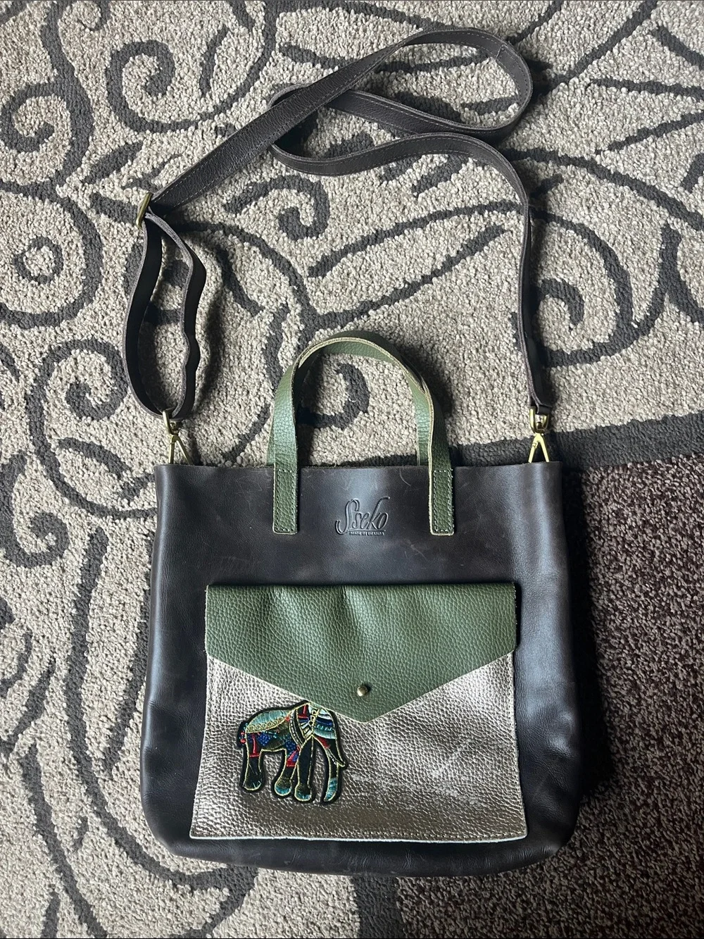 Sseko Black Green Silver Elephant Patch Satchel